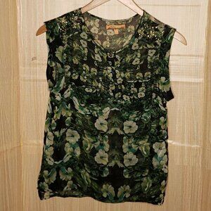 Ellen Tracy Womens Green Floral Sheer Short Sleeve Blouse Small